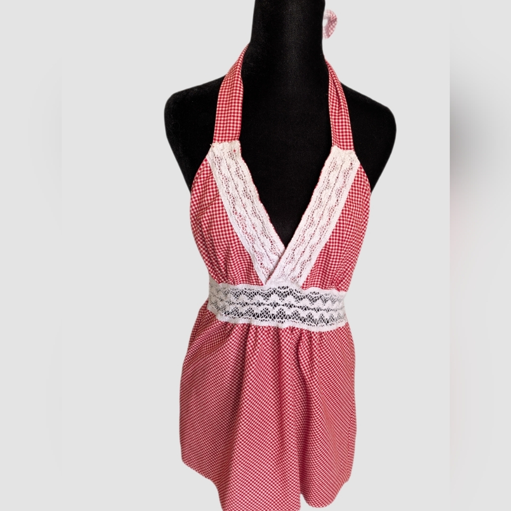 Red&White Gingham&Lace French Maid Inspired Vintage Halter Top Sz Xs-S